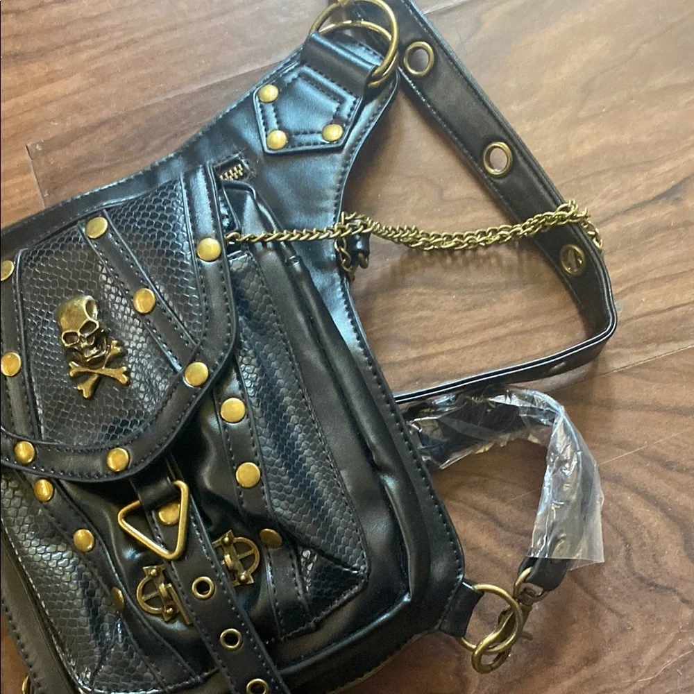 Black Leather Crossbody Bag with Gold Accents Biker Goth Steampunk New No‎ Tags